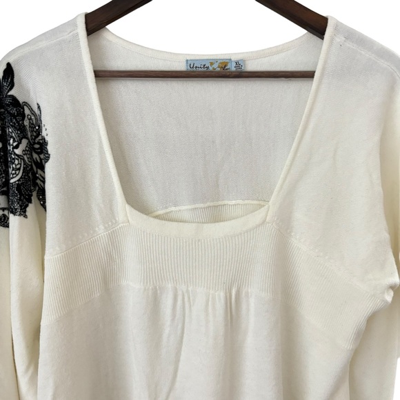 Unity World Wear Lace Floral Print W/ Rhinestone Detail Babydoll Sweater Blouse - Picture 14 of 14